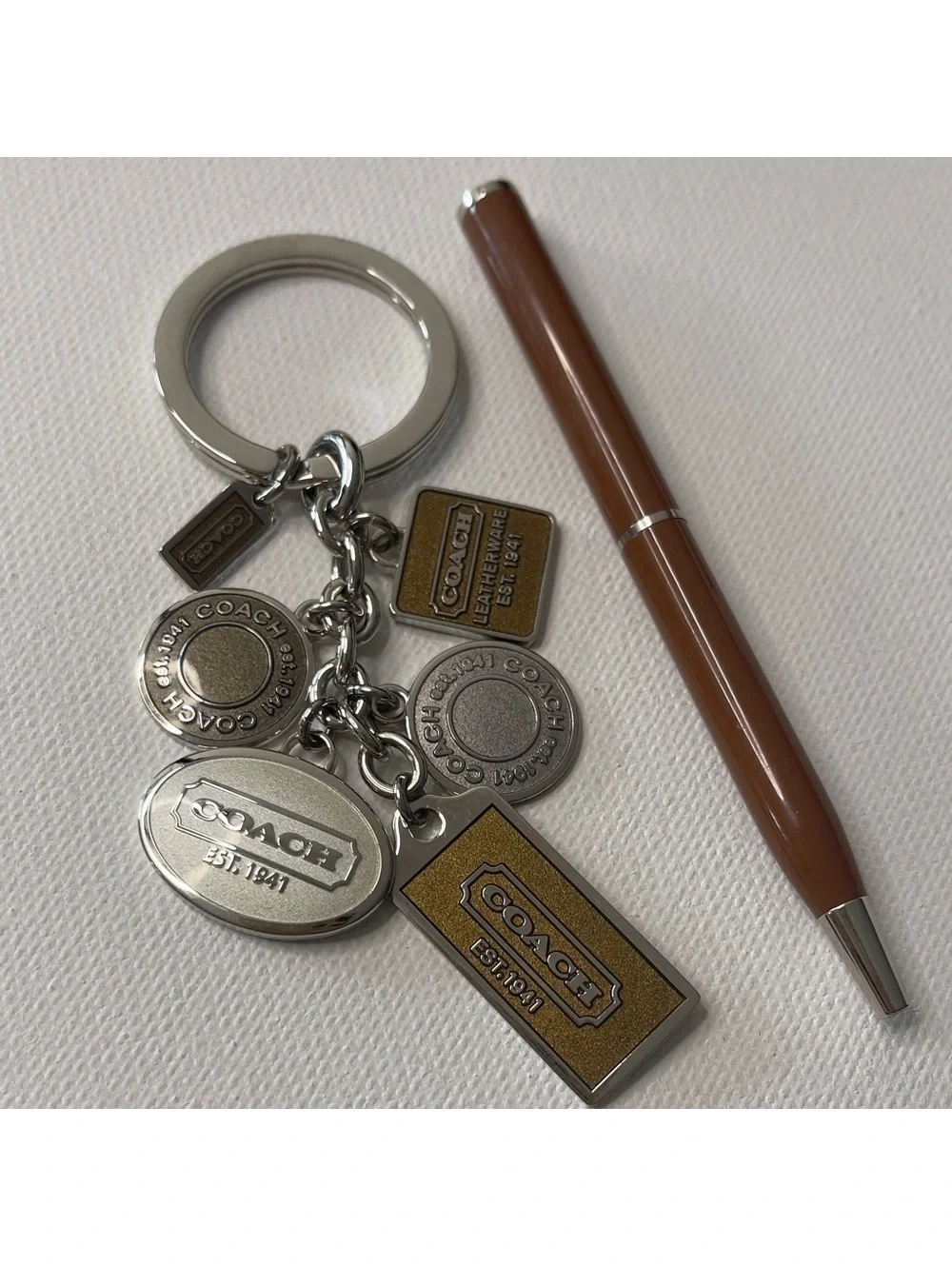 Coach Silver and Brown Logo Charms Keychain & Matching Pen NIP